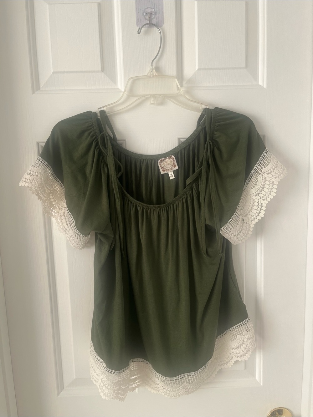 Olive Green Crochet-Trim Women's Peasant Top